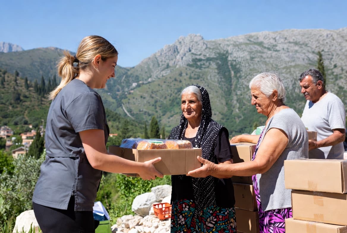 Volunteers distributing food packages in a Lebanese village